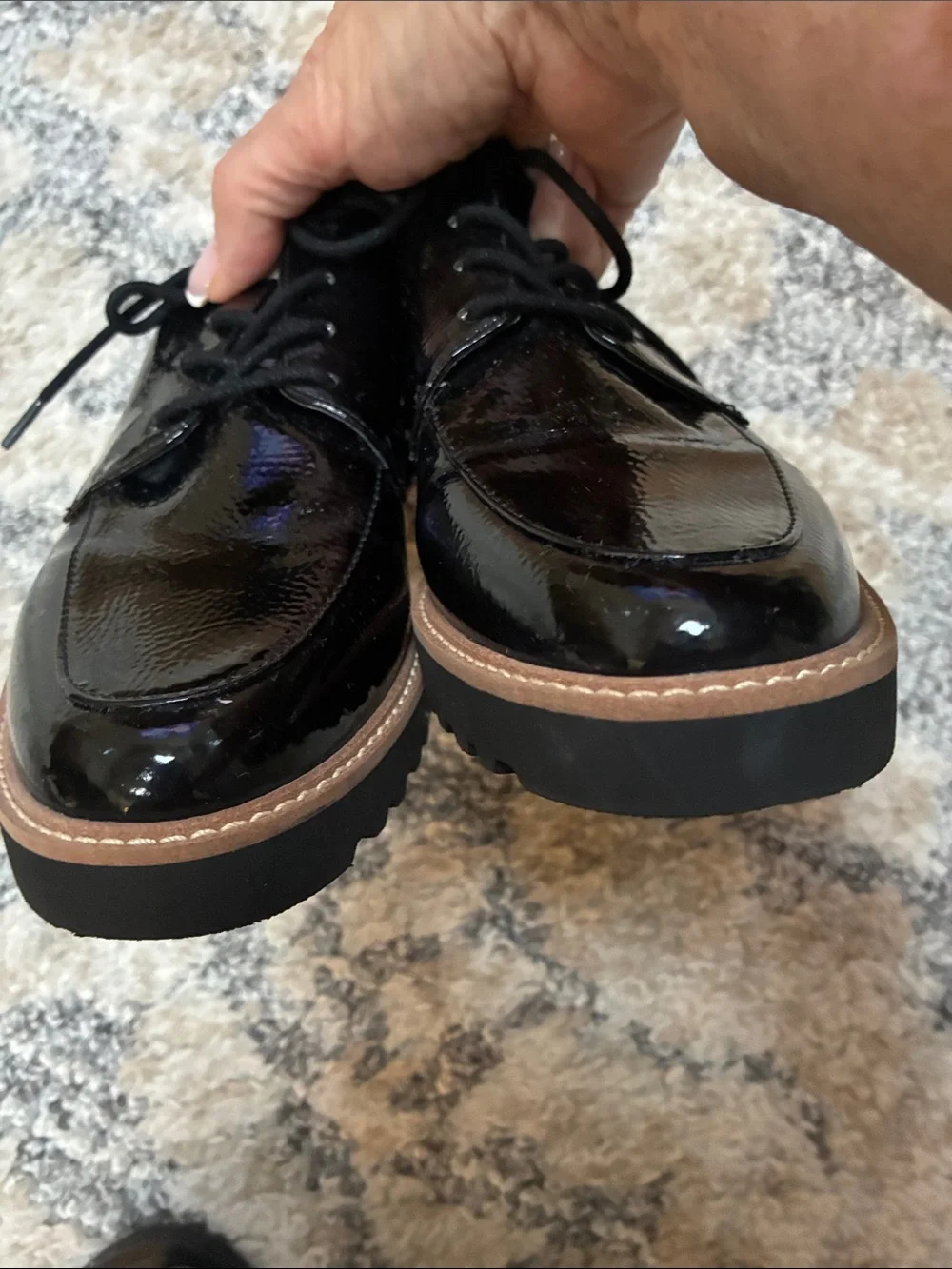 Franco Sarto Black Patent Leather Derby Shoes with Brown Welt